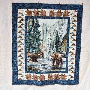 New handmade large throw quilt beautiful bear scene watercolor cozy flannel back